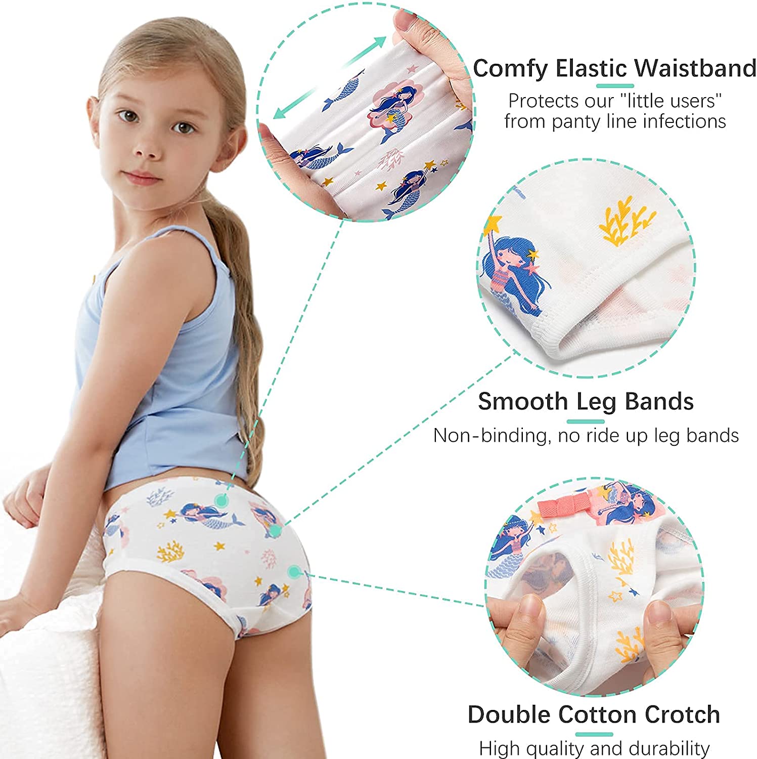 6-Pack Girls 100% Cotton Mermaid Print Comfort & Breathable Panties -B –  SYNPOS