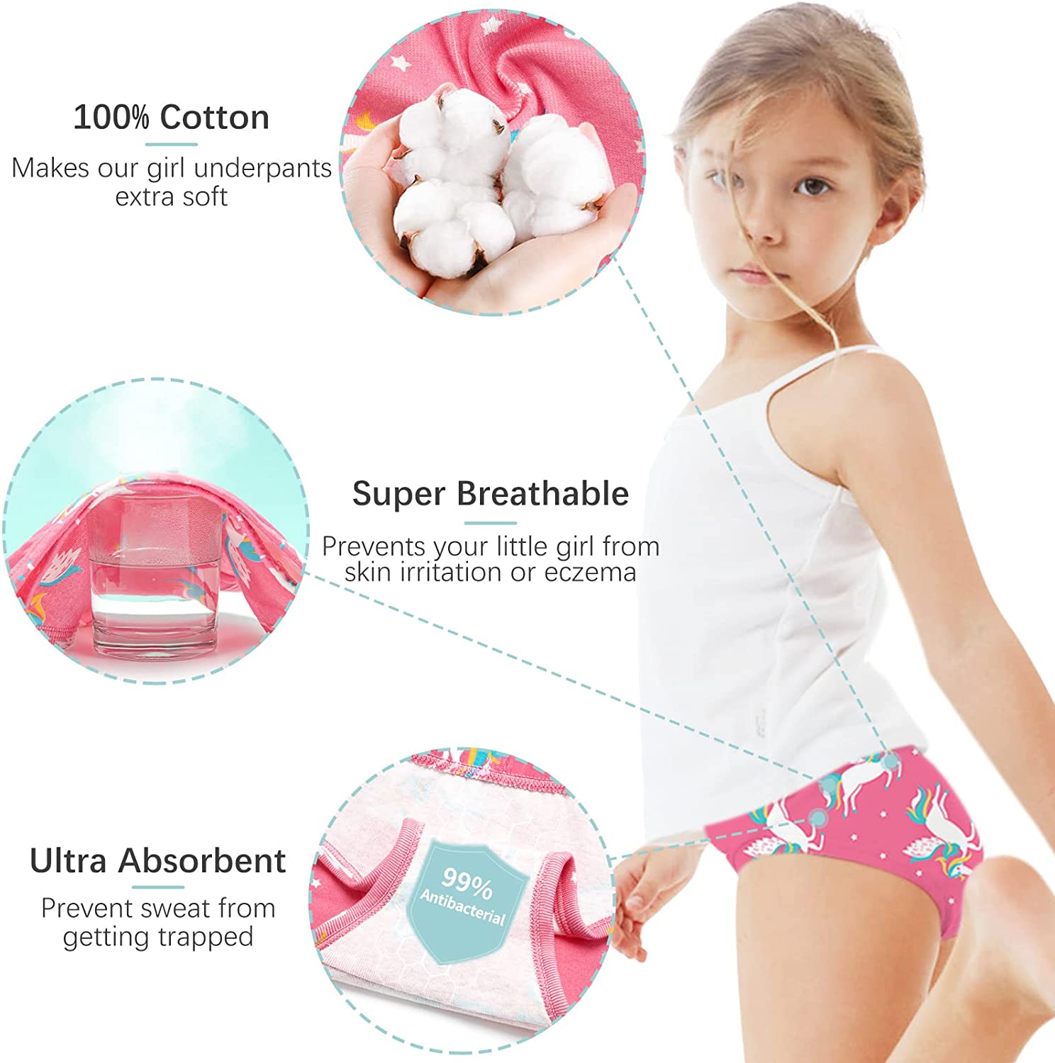 6-Pack Girls 100% Cotton Unicorn Print Comfort & Breathable