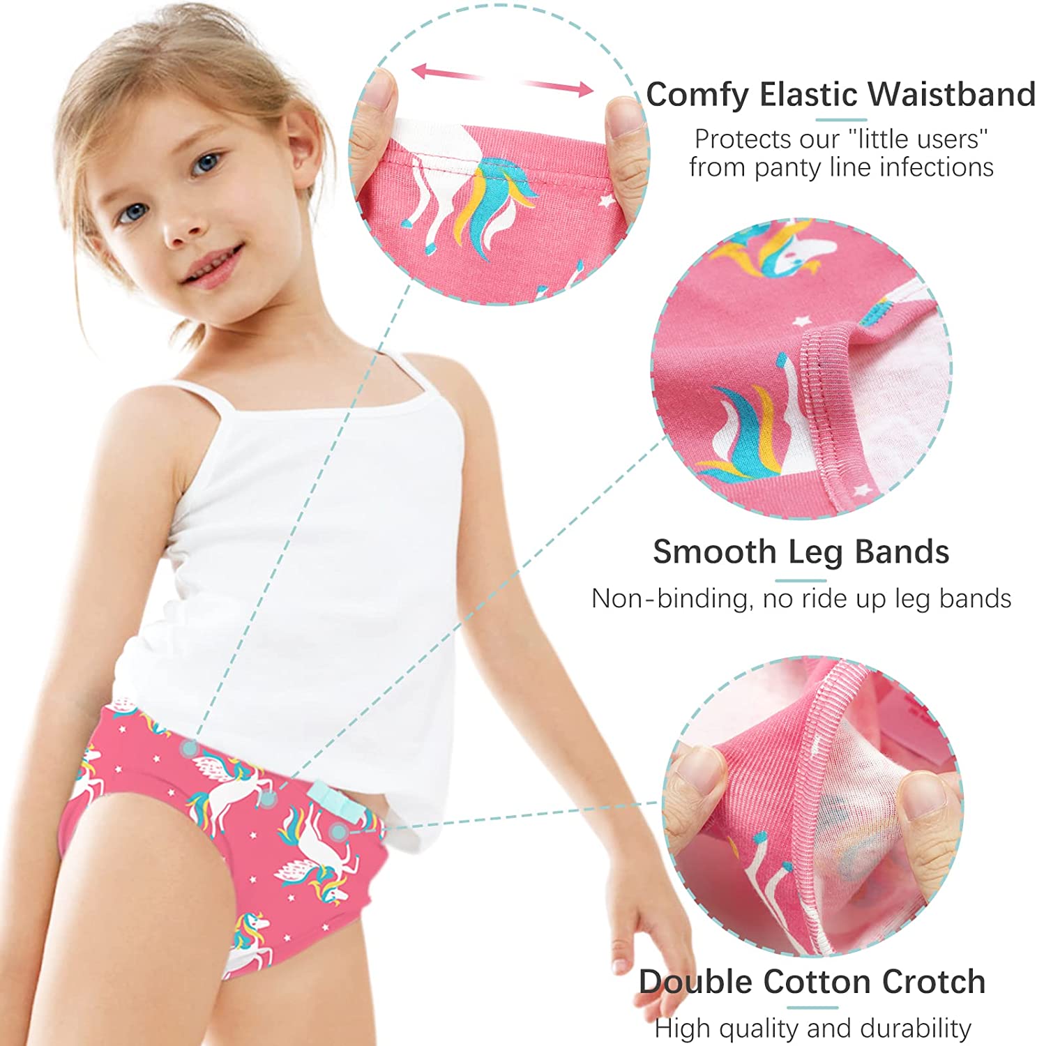 SYNPOS 6 Packs Girls Underwear 100% Cotton Cartoon Briefs Kids Underpants  Panties for Little Girls 6-7 Years - Unicorn,Castle,Stars 